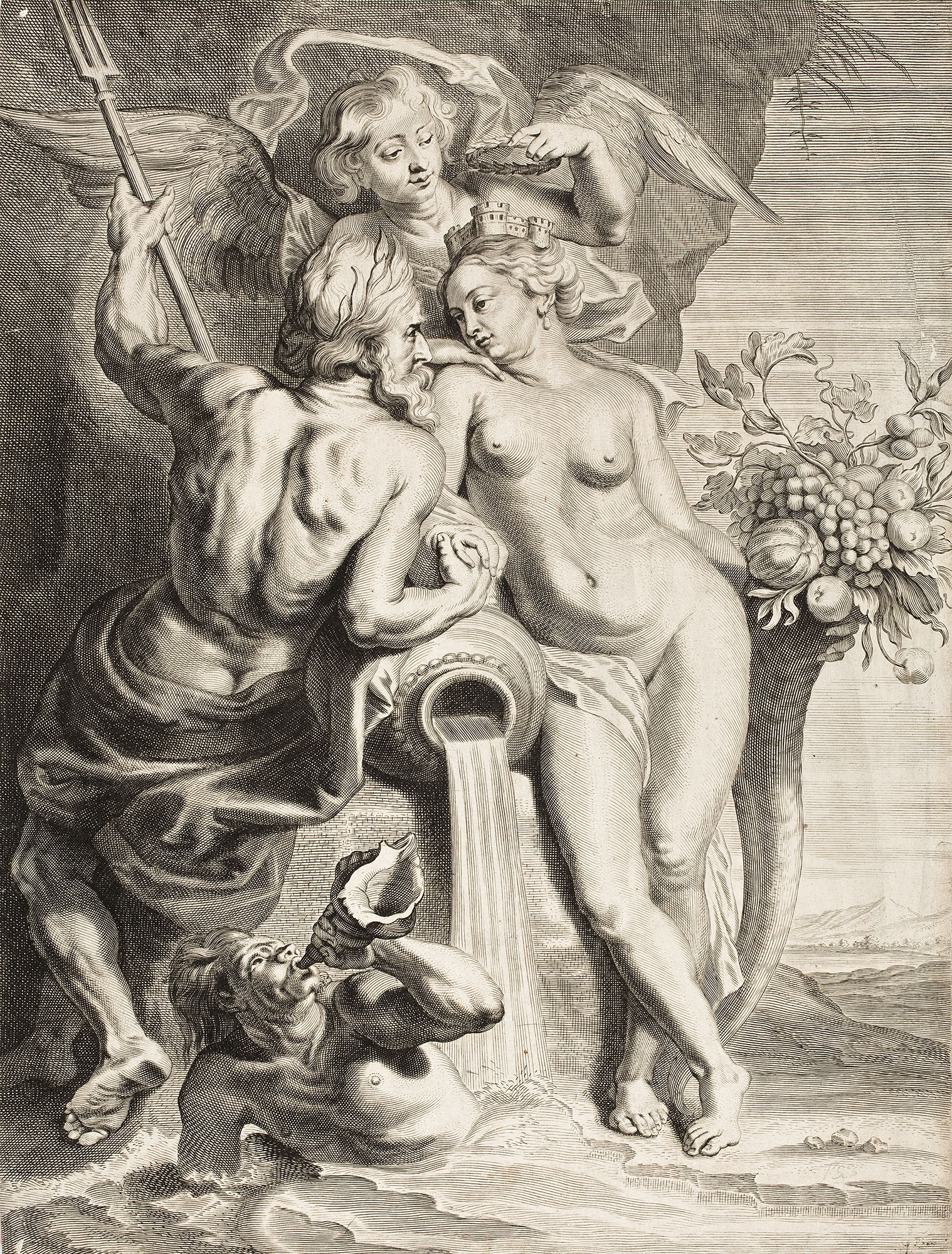 Pieter de Jode II wg Petera Paula Rubensa, Neptun i Kybele [Skalda i Antwerpia jako alegoria związku wody i ziemi], 1650–1660