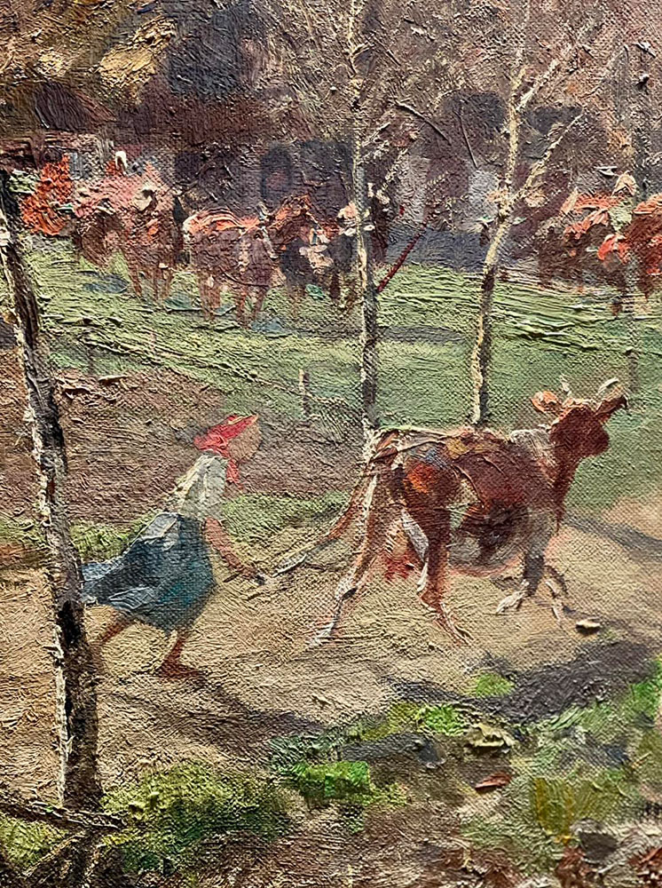 Fragment Małej Panoramy Racławickiej z przedstawieniem dziewczyny i krowy