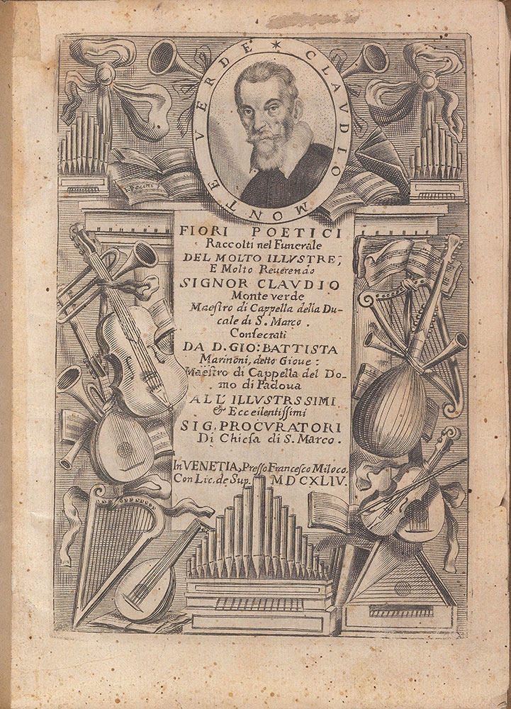 Strona tytułowa zbioru poematów Fiori poetici z portretem Claudia Monteverdiego, 1644