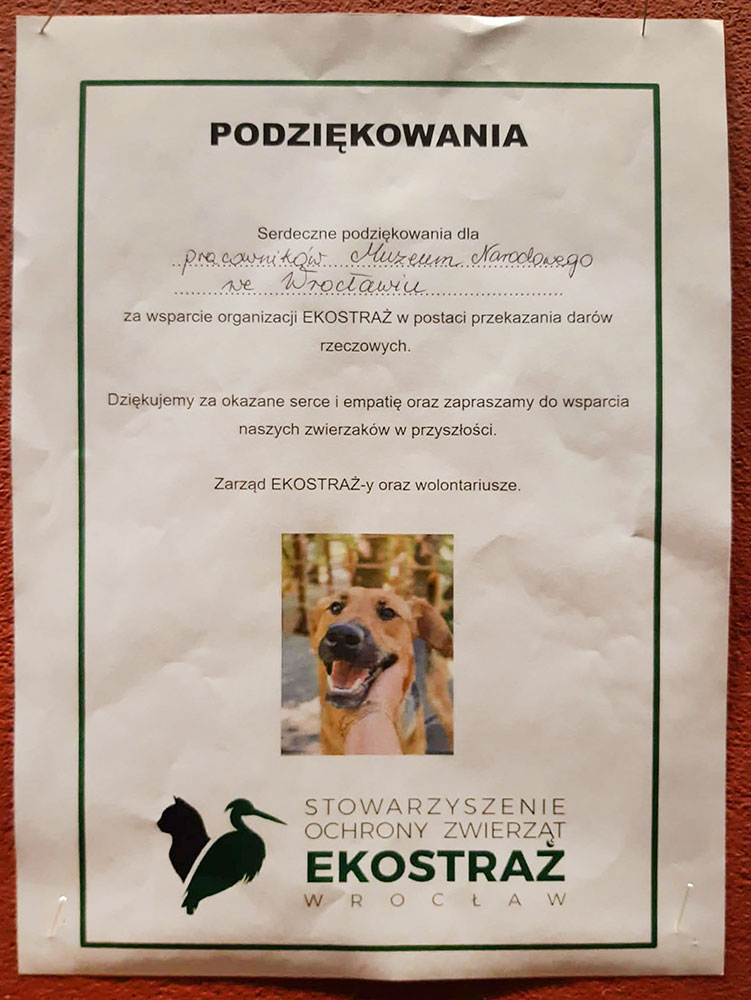 Podziękowania od Ekostraży dla pracowników Muzeum za dary dla zwierzaków