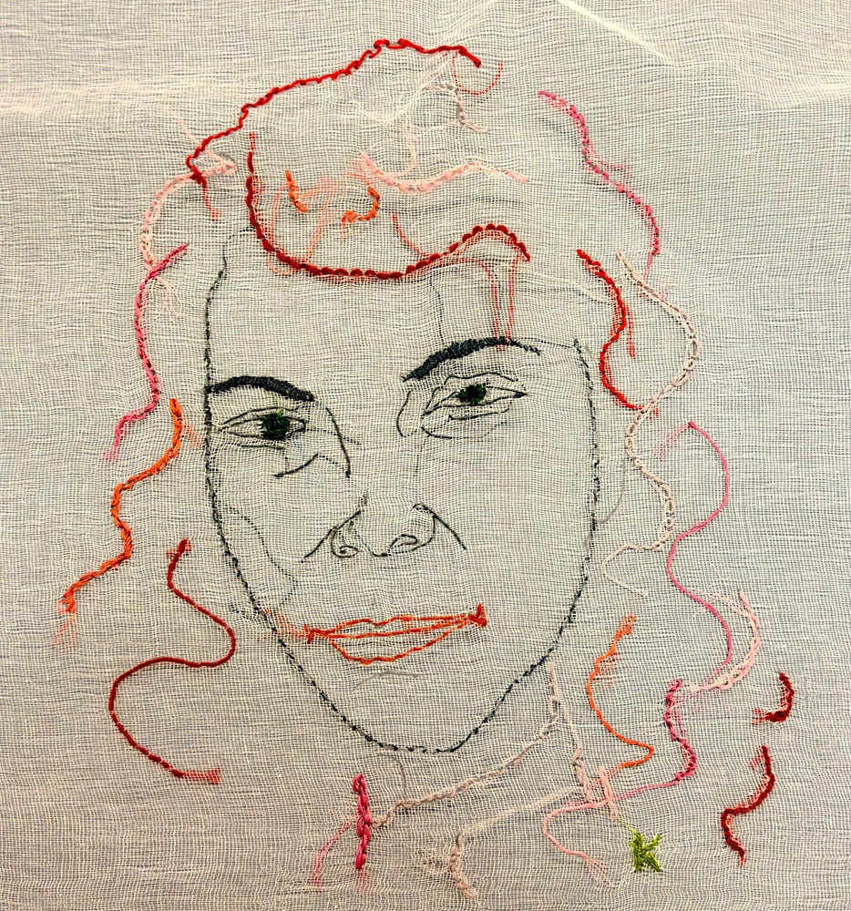 Portret wykonany w trakcie warsztatów hafciarskich „O_KRĄG we Wrocławiu”