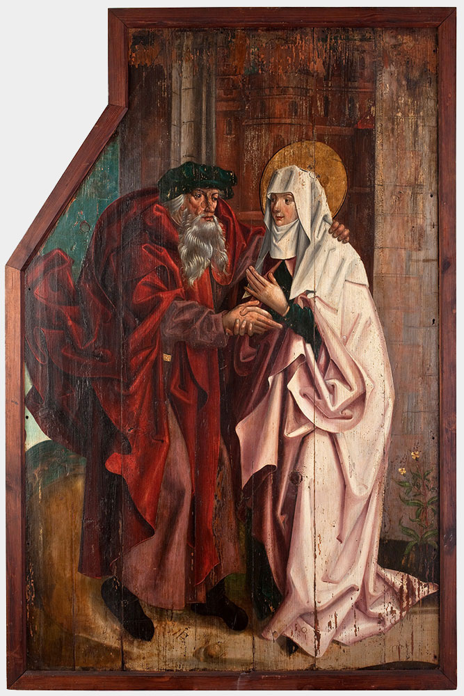 Skrzydło poliptyku z malarskim przedstawieniem Spotkania przy Złotej Bramie (Sw. Anny i Joachima)