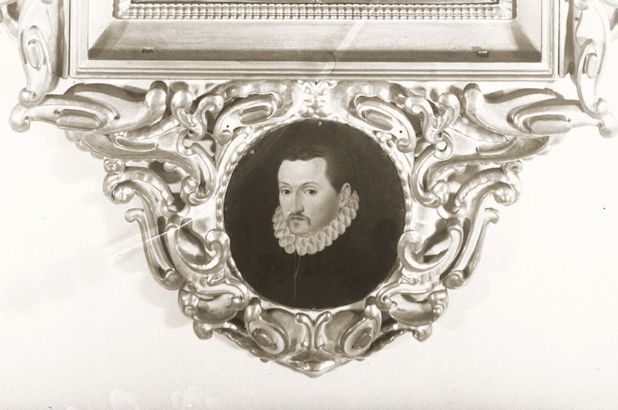 Fragment z portretem Thomasa von Rehdigera w tablicy fundacyjnej Biblioteki Rehdigeriańskiej w kościele św. Elżbiety we Wrocławiu