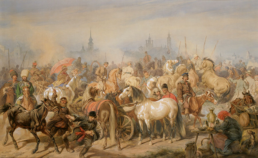 Juliusz Kossak, Targ koński na Pradze, 1866