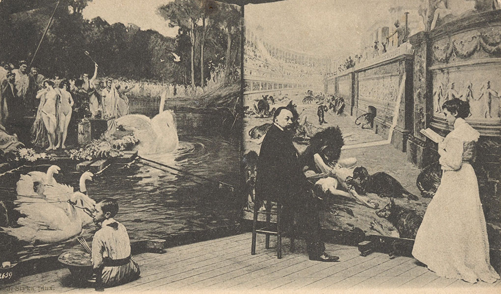 Jan Styka malujący obraz, z damą i siedzącym malarzem w tle