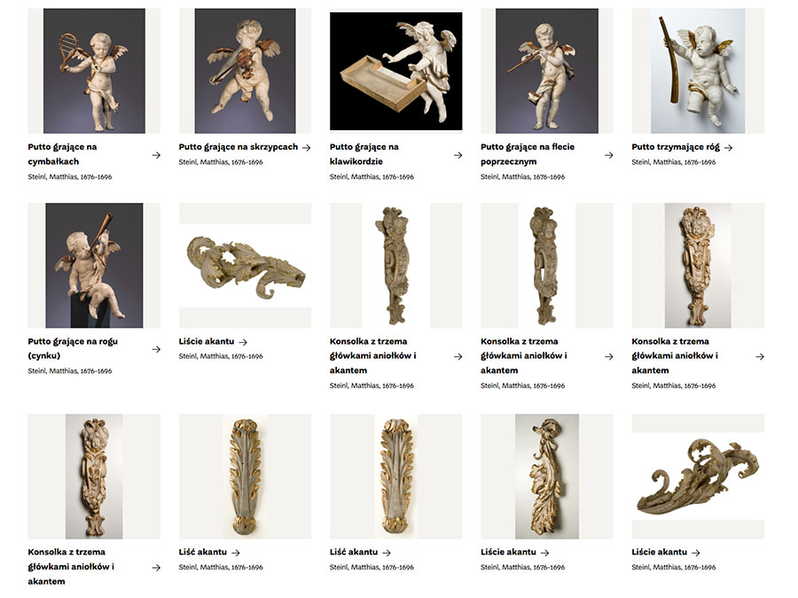 Strona Muzeum Cyfrowego z puttami i elementami stalli z Lubiąża