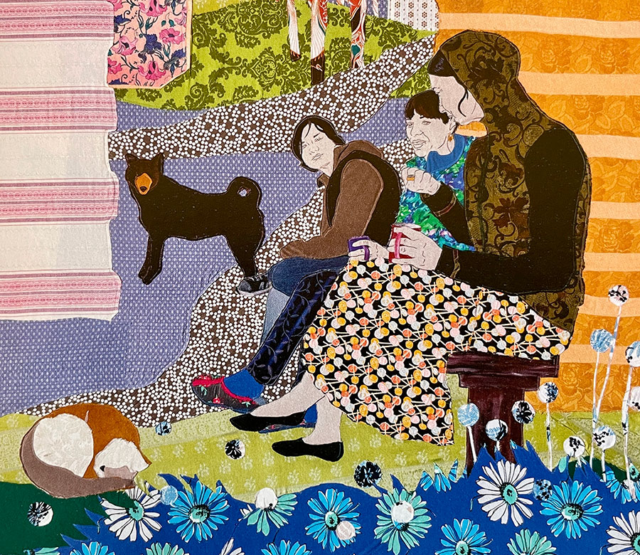 Małgorzata Mirga-Tas, „Przeczarowując świat”, 2022 – fragment tkaniny z siedzącymi postaciami