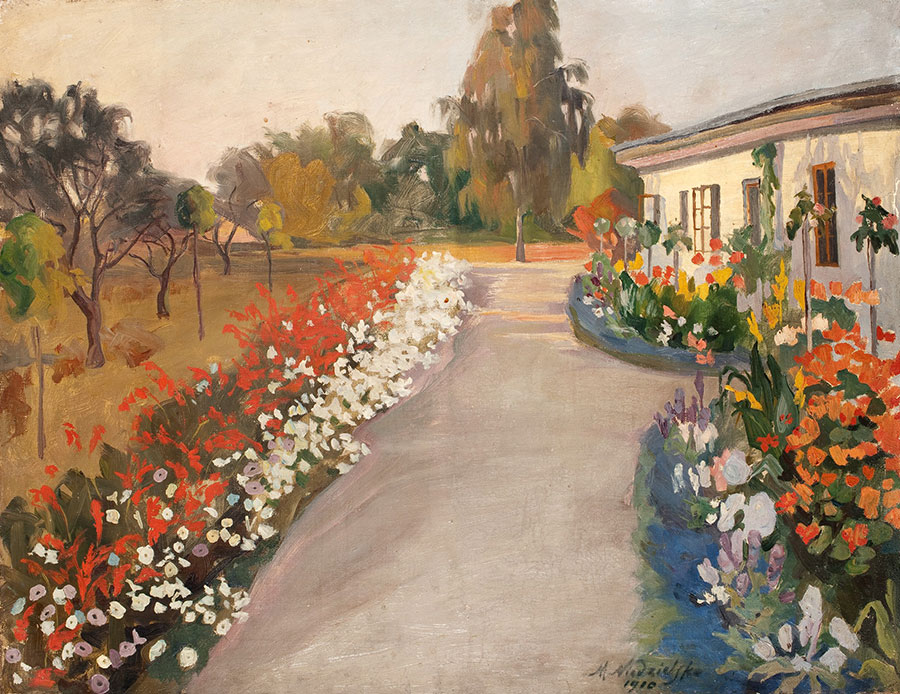 Maria Niedzielska, Klomby kwiatowe przed dworem, 1910