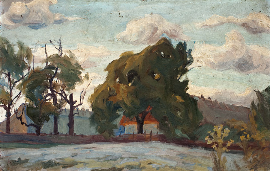 Maria Niedzielska, Krajobraz wiejski z drzewami, 1905