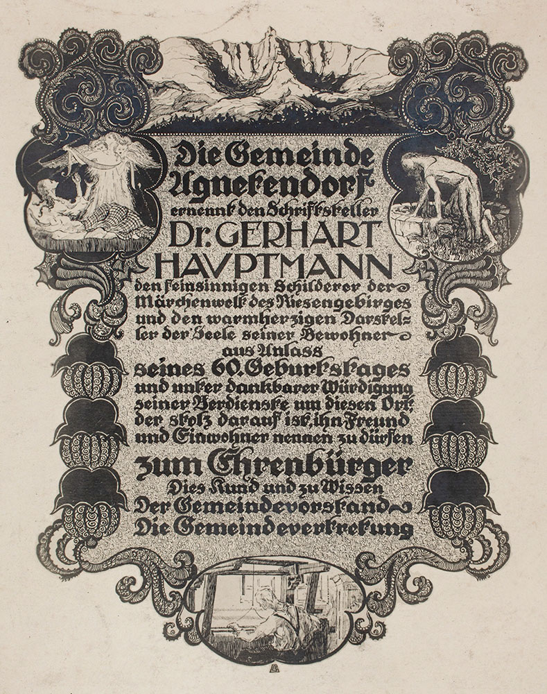 Wykonany przez Günthera Grundmanna dyplom z okazji 60. urodzin Gerharta Hauptmanna ufundowany przez gminę Jagniątków, 1922