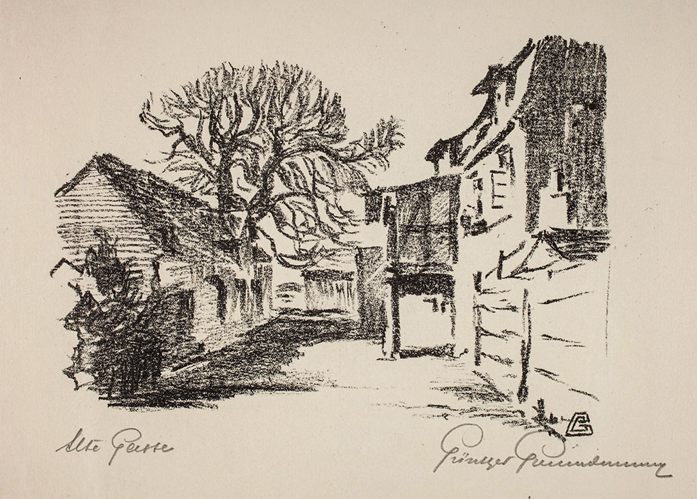 Günther Grundmann, Alte Gasse, litografia z teki „Alt-Lauchhammer”, ok. 1930