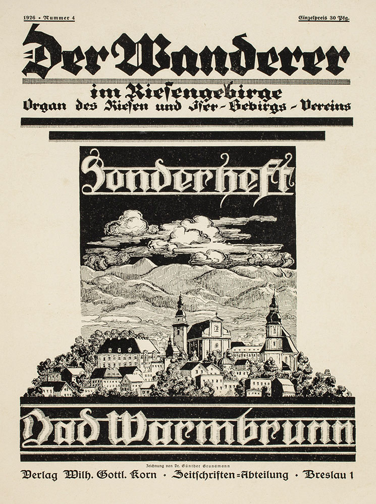 Rysunek z widokiem Cieplic na stronie tytułowej pisma „Der Wanderer im Riesengebirge”, 1926