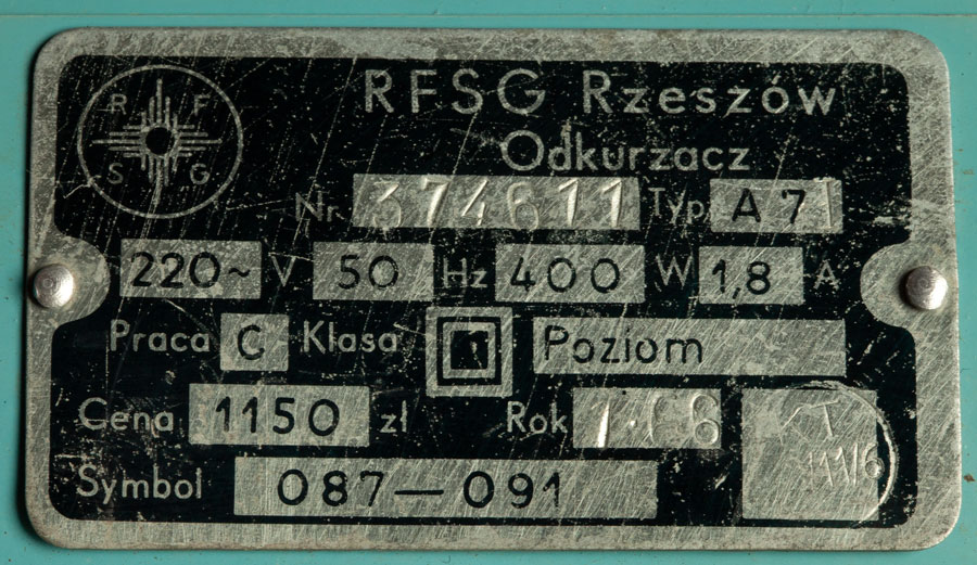Tabliczka znamionowa modelu A7 odkurzacza „Alfa K2”