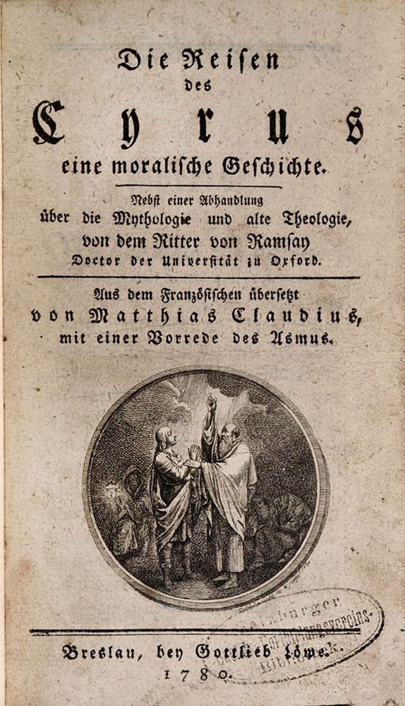Strona publikacji z 1780 r. z ilustracją Daniela Chodowieckiego przedstawiającą rozmowę proroka Daniela i króla perskiego Cyrusa na temat religii, 1779
