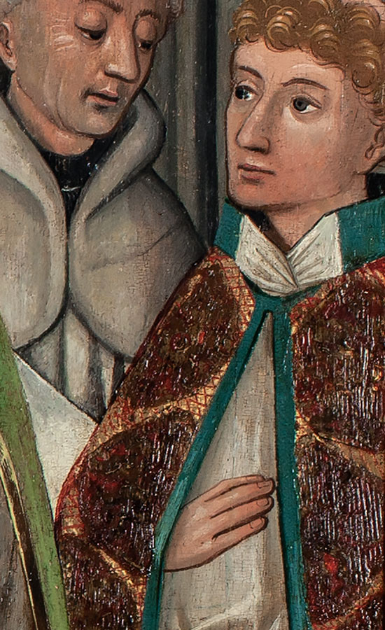 Fragment ze sceną z legendy o św. Piotrze Wyświęcenie św. Marka na biskupa – zbliżenie na płaszcz